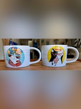 West Elm Speckled Pottery Ribbed Textured Mugs with Whimsical Cat Illustrations